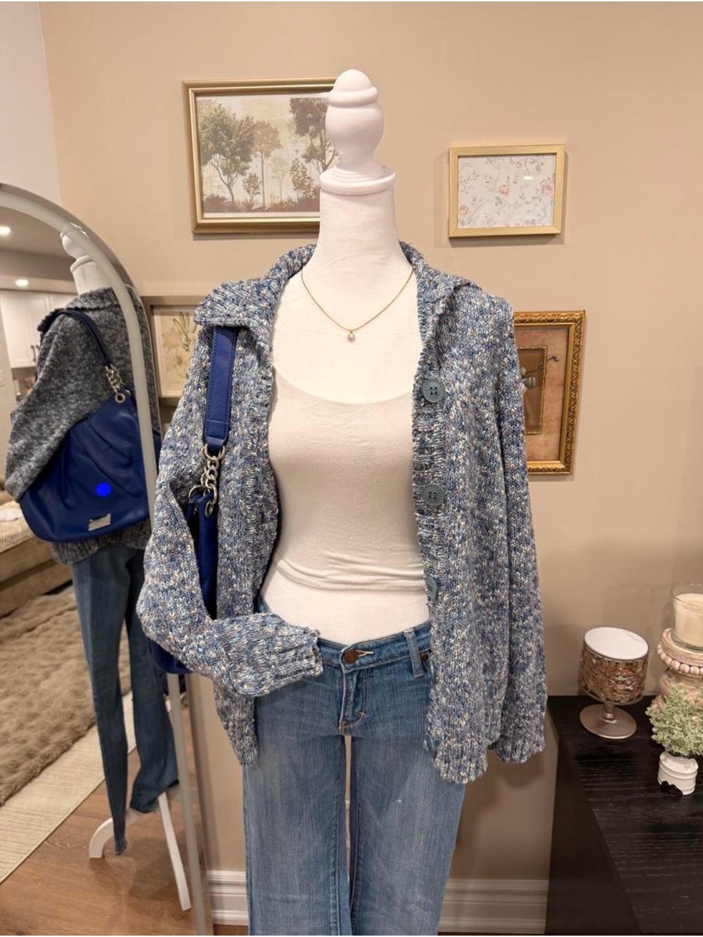 Alia Blue Speckled Button-Up Knit Grandma Cardigan